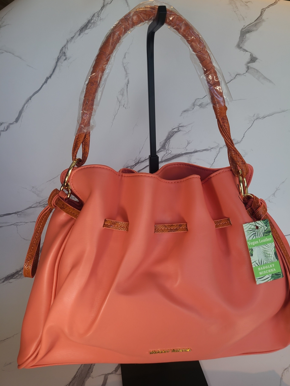 Badgley Mischka Coral Drawstring-Top Dumpling Shoulder Bag with Gold Hardware